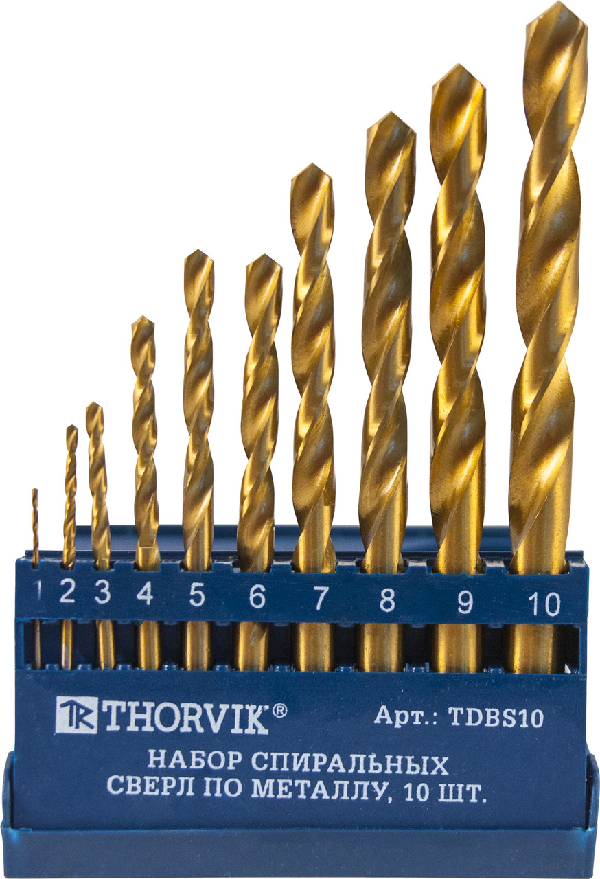 TDBS10 Набор спиральных сверл по металлу HSS TiN в пластиковый кейсе, 10 предметов - фото 1 - id-p66073278