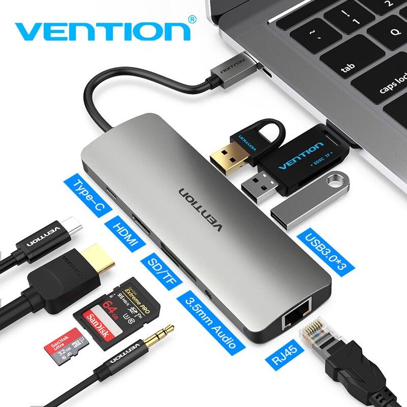 Type C мультифункциональный хаб-конвертор. 1*Ethernet, 1*Audio, 1*HDMI, 3*USB 3.0, 2*card reader +PD