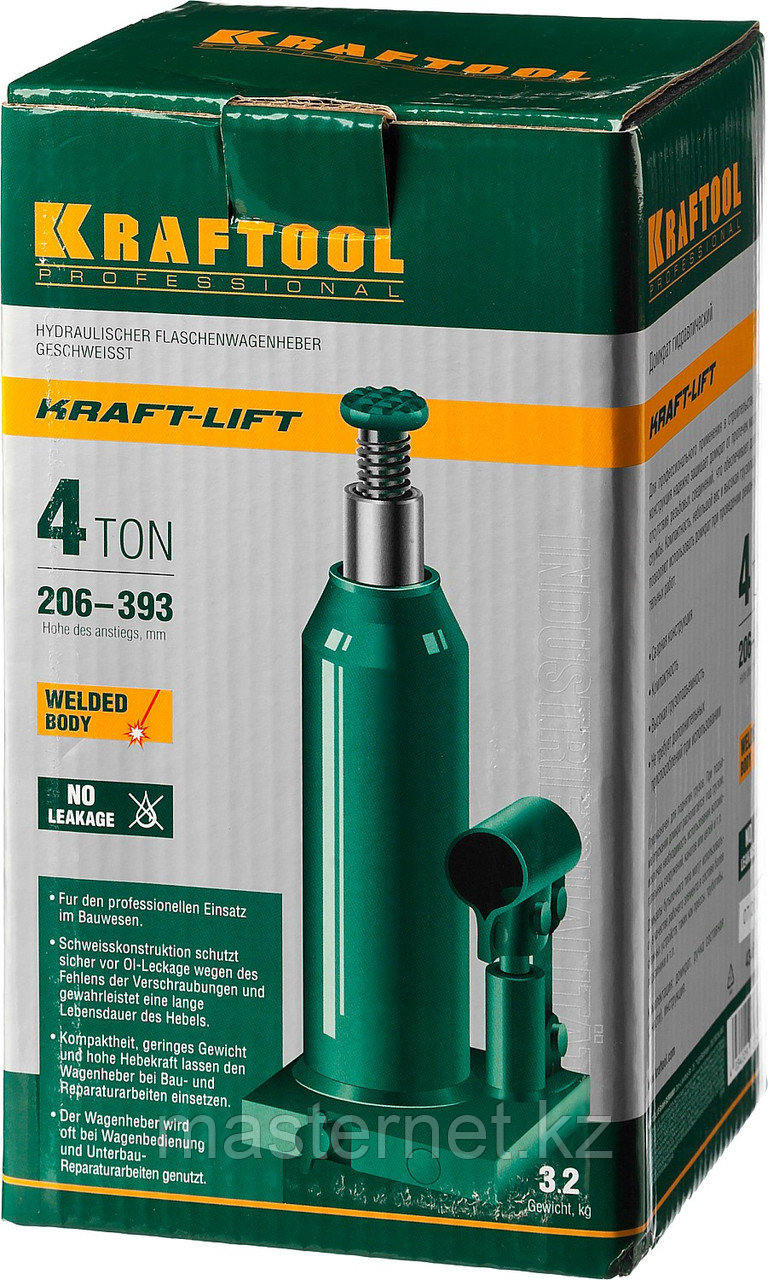 Домкрат гидравлический бутылочный "Kraft-Lift", сварной, 4т, 206-393мм, KRAFTOOL 43462-4 - фото 2 - id-p64233827