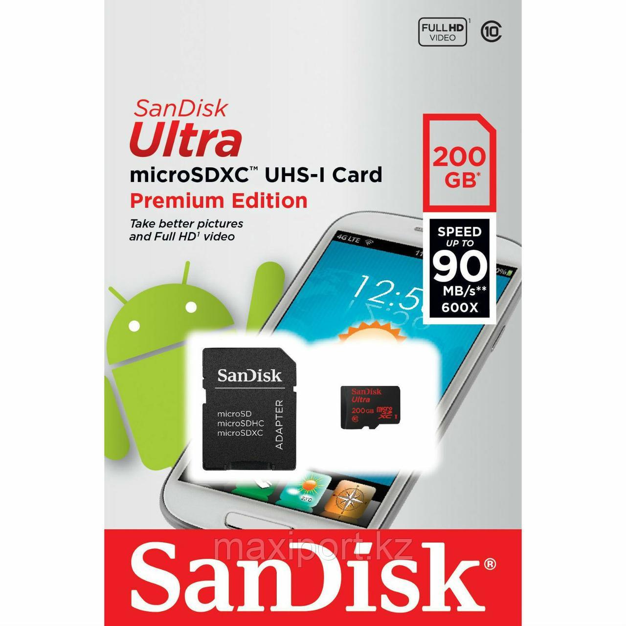 Micro SDXC Sandisk ultra 200GB 90MB/S UHS-1 10 CLASS - фото 1 - id-p66283282