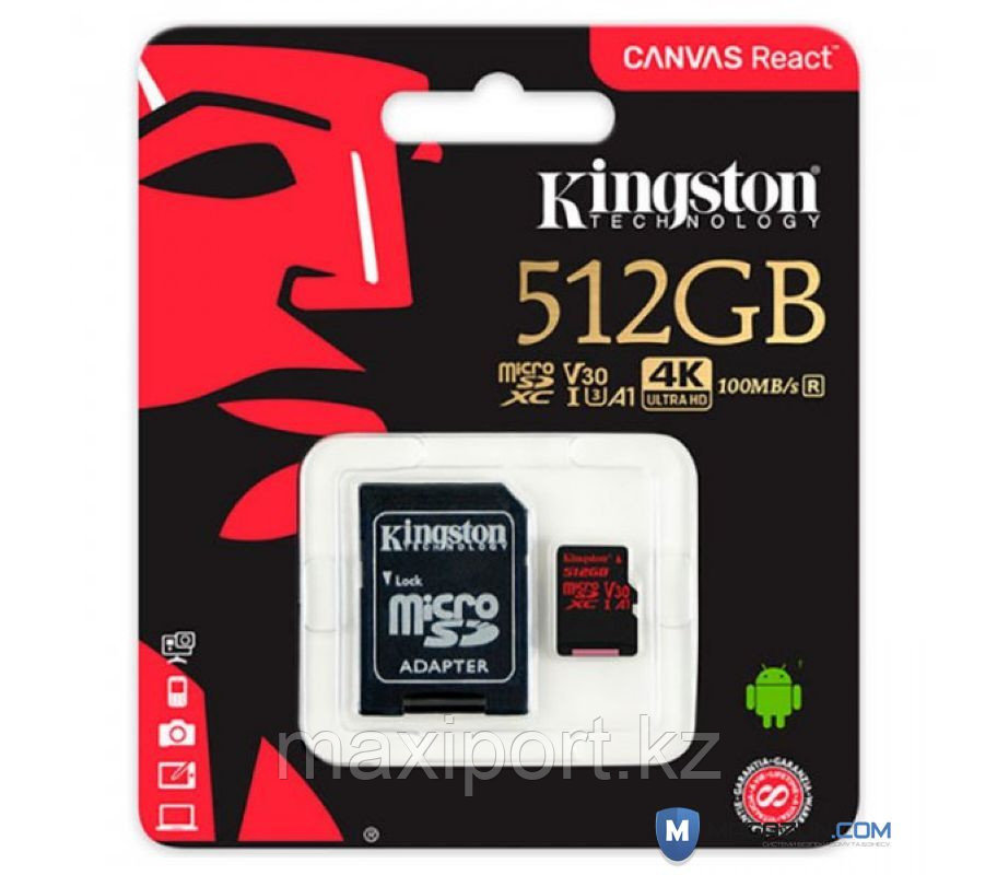 MicroSDXC kingston 512GB 100MB/S UHS-I U3+ Адаптер SD - фото 1 - id-p66343248