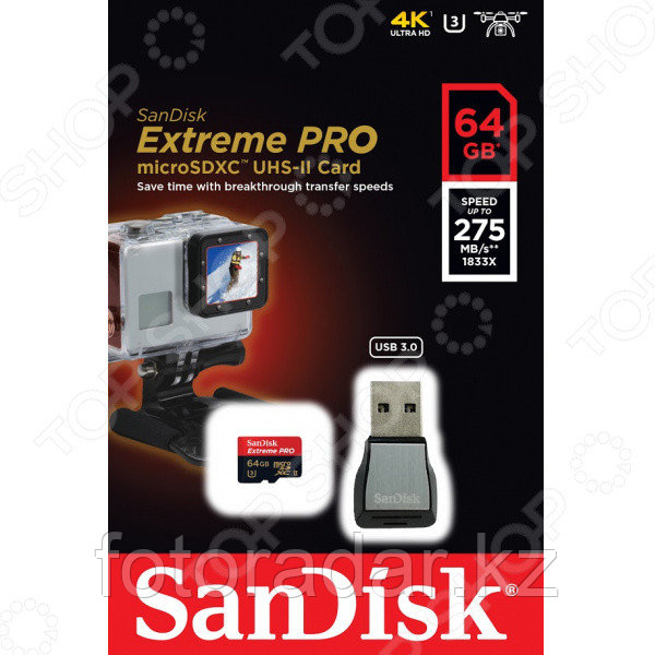 Карта Памяти Sandisk Extreme Pro UHS-II 275MB/s + USB 3.0 Reader, Тип: microSDXC, 64 Гб - фото 1 - id-p66397081