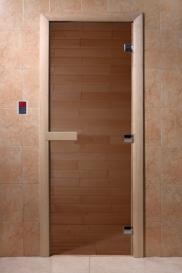 Дверь стеклянная DoorWood Теплый день (стекло бронза 8 мм, 3 петли, коробка хвоя) 1700*700