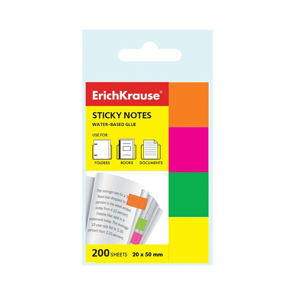 Закладки бумажные с клеевым краем ErichKrause® Neon, 20х50 мм, 200 листов, 4 цвета