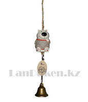 Колокольчик "Музыка ветра" с керамическим мишкой в сером свитере