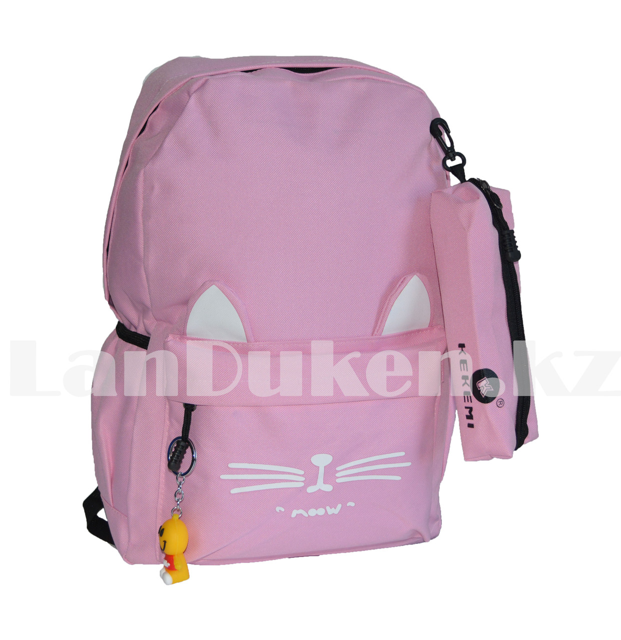 Универсальный школьный рюкзак с пеналом с ушками кошки и брелоком розовый - фото 1 - id-p66587272