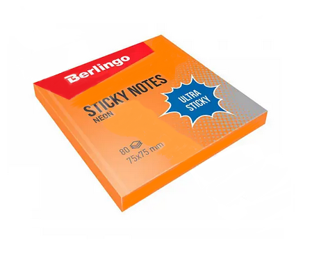 Клейкие листки BERLINGO "Ultra Sticky" 75х75 мм, оранжевый неон, 80 листов