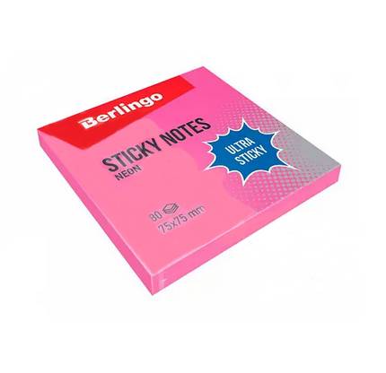 Клейкие листки BERLINGO "Ultra Sticky" 75х75 мм, розовый неон, 80 листов