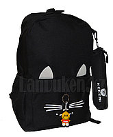 Универсальный школьный рюкзак с пеналом с ушками кошки и брелоком черный