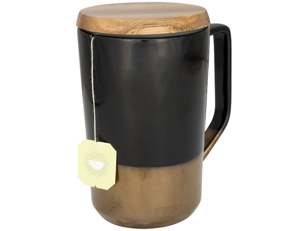 Керамическая кружка Tahoe для чая и кофе с деревянной крышкой, черный - фото 2 - id-p65547186