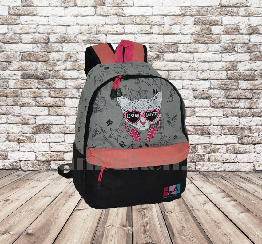 Универсальный школьный рюкзак с кошкой в очках серый со светло розовым - фото 1 - id-p66644154