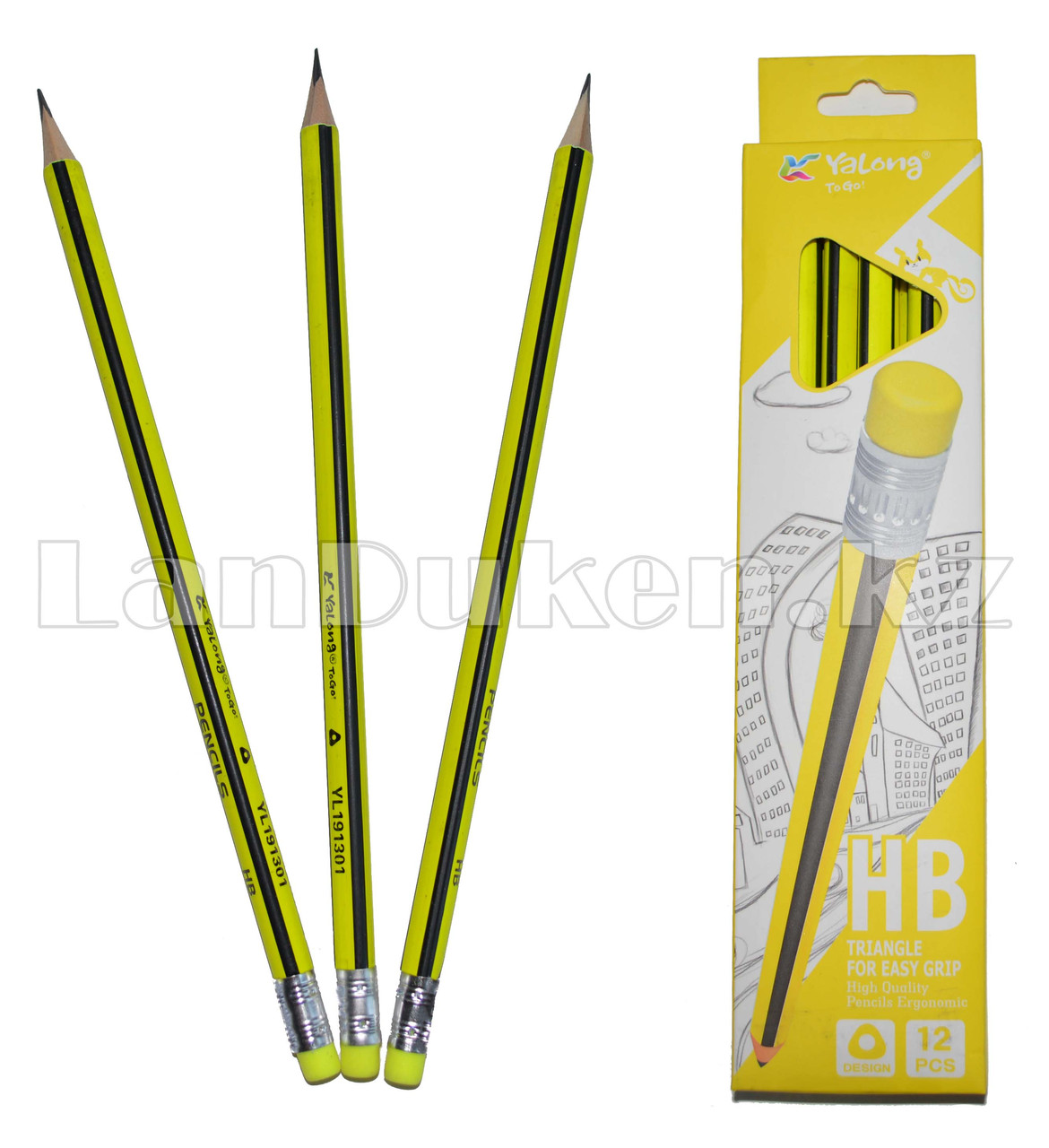 Простые карандаши с желтым ластиком 12 штук в упаковке Yalong 191301 (HB) - фото 1 - id-p66744142