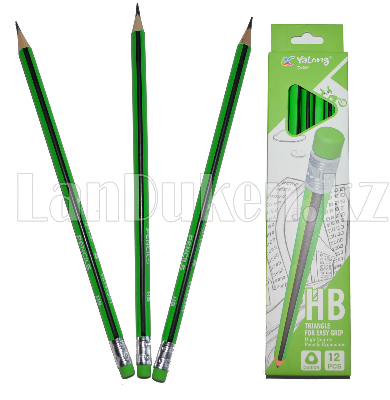 Простые карандаши с зеленым ластиком 12 штук в упаковке Yalong 191301 (HB) - фото 1 - id-p66744201