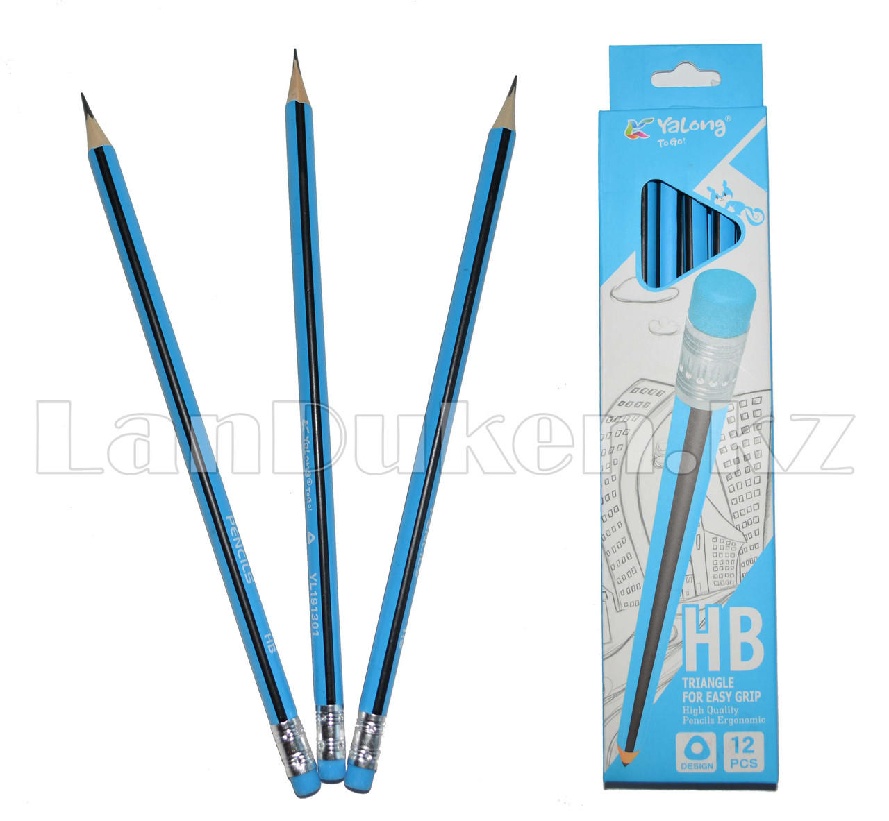 Простые карандаши с голубым ластиком 12 штук в упаковке Yalong 191301 (HB)