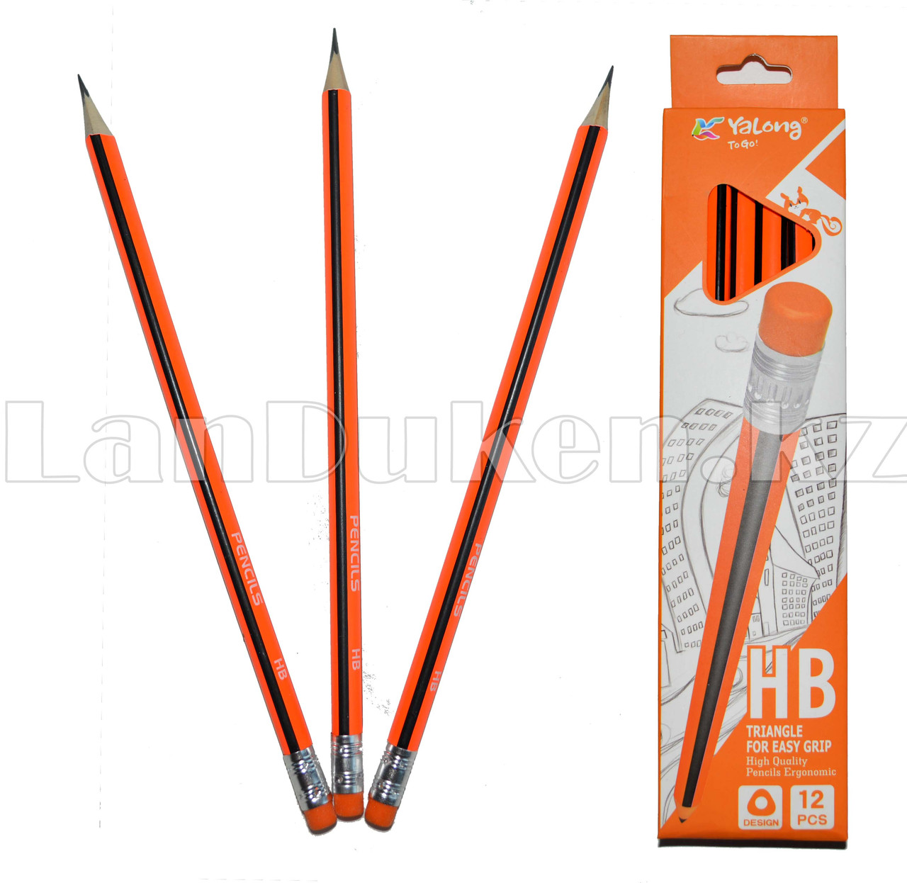 Набор простых карандашей с ластиком Yalong (HB) 12 штук в упаковке.