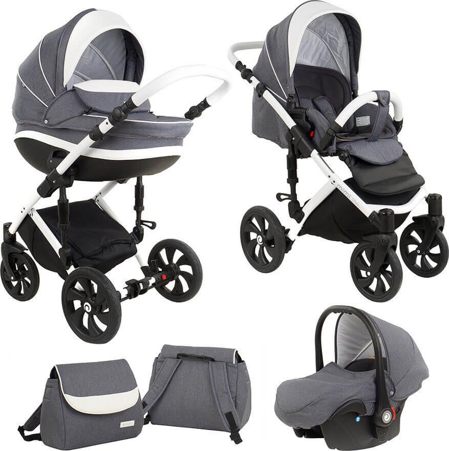 TUTIS Коляска 3 в1 MIMI STYLE люлька-переноска+короб+прогулка Серый лен + Белый
