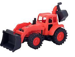 Казик Игрушечный Трактор с задним ковшом и фронтальной лопатой, 28см. (красно-чёрный)