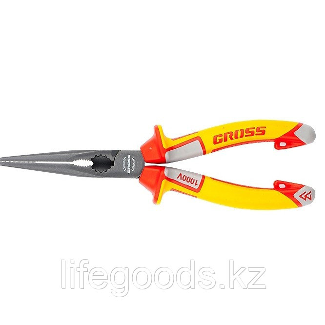 Длинногубцы прямые, диэлектрические рукоятки до 1000 В, трехкомпонентные рукоятки, 205 мм Gross 17177