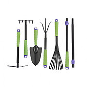 Набор садового инструмента: совок, грабли веерные, рыхлитель, грабли 5-зубые, мотыжка, комплект удленных ручек