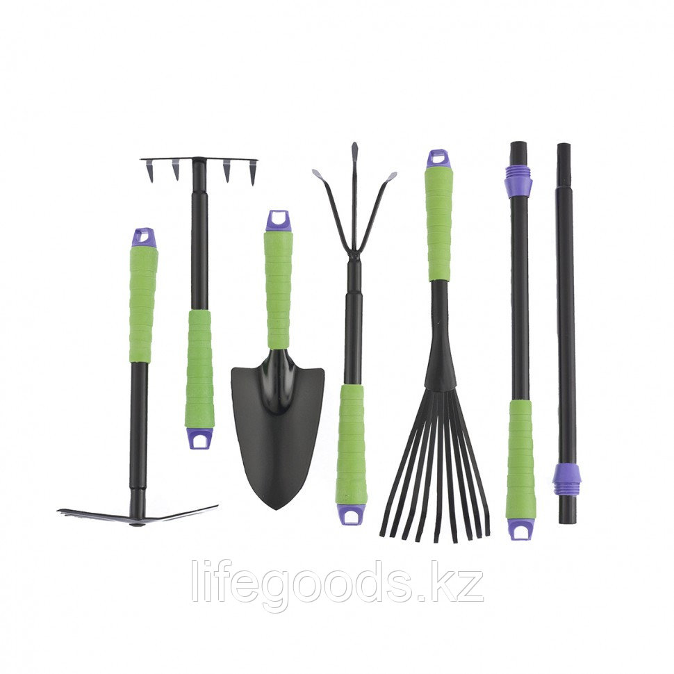 Набор садового инструмента: совок, грабли веерные, рыхлитель, грабли 5-зубые, мотыжка, комплект удленных ручек - фото 1 - id-p66874838