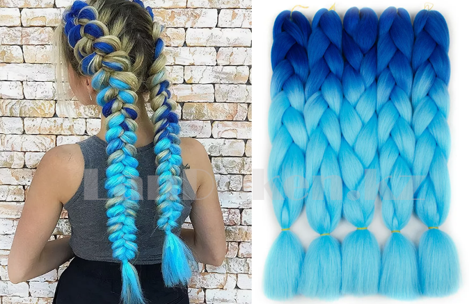 Канекалон двухцветные накладные волосы 60 см Сине голубые В39