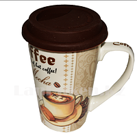 Кружка керамическая с силиконовой крышкой для кофе с кофейным принтом LCK-011