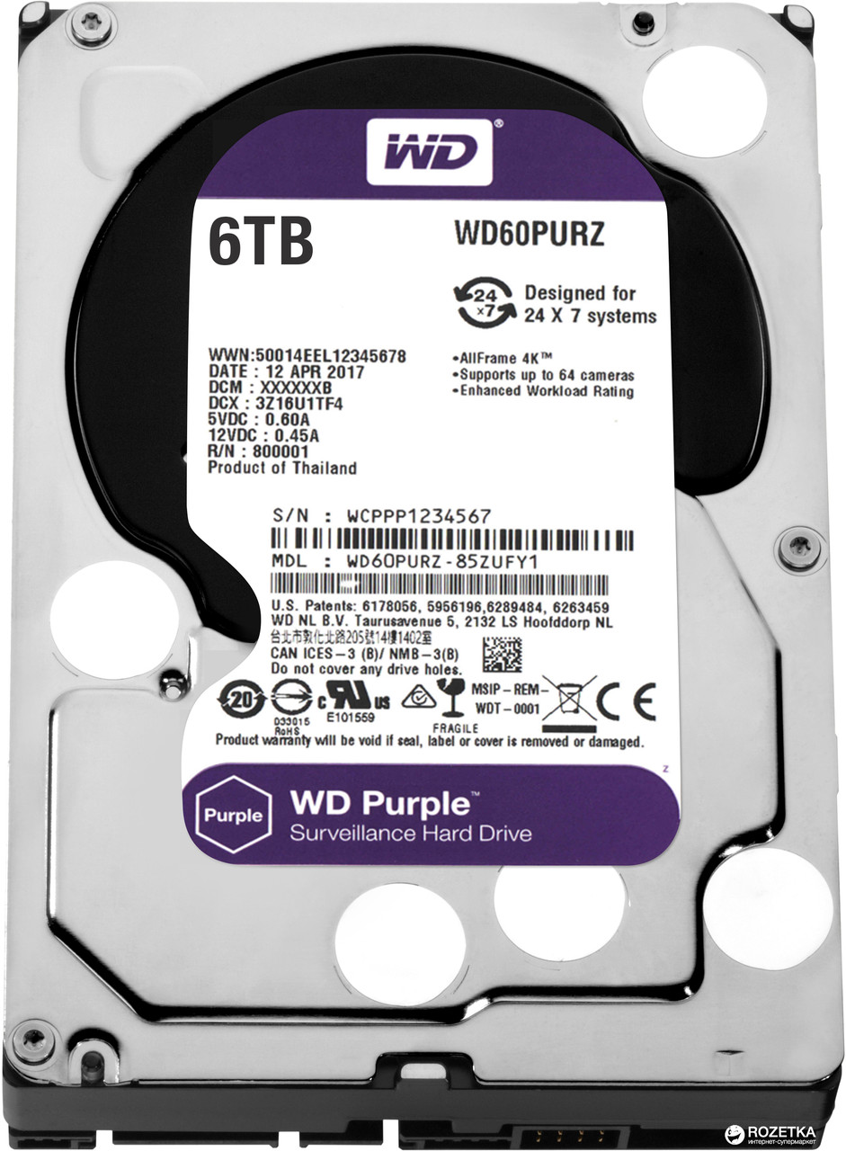Жесткий диск HDD 6000 Gb Western Digital (WD60PURZ), 3.5", 64Mb, SATA III, Purple