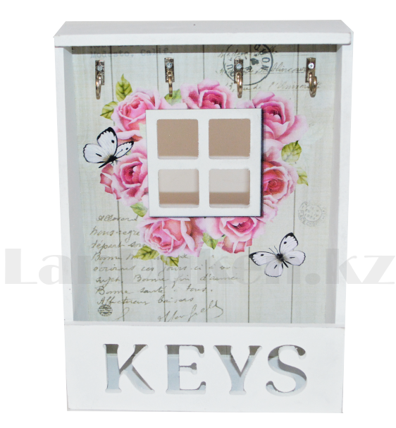 Деревянная настенная Ключница для ключей розы и бабочки