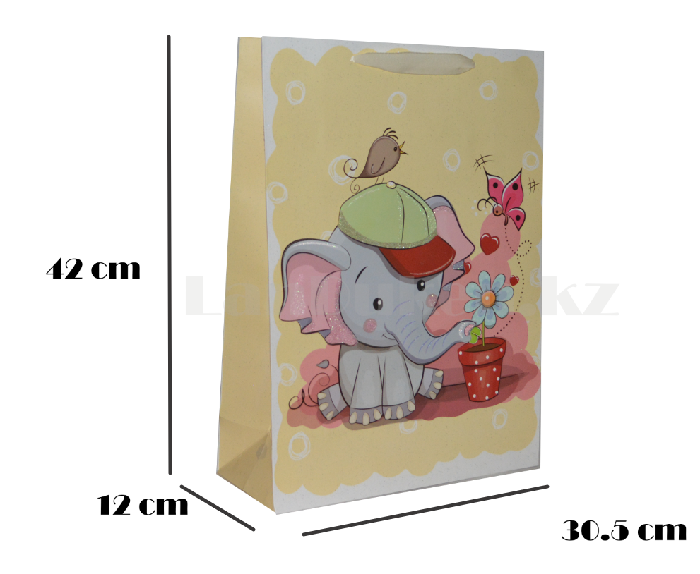 Подарочный пакет 3D рисунок 3D Слонёнок в кепке с цветочным горшком