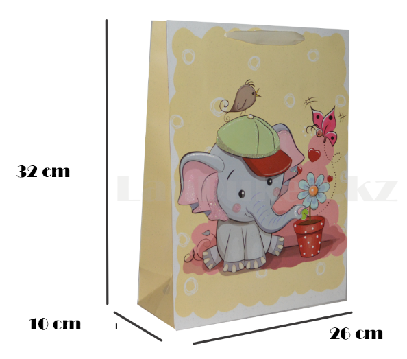 Подарочный пакет 3D рисунок 3D Слонёнок в кепке с цветочным горшком 32*26*10 см - фото 1 - id-p67112676