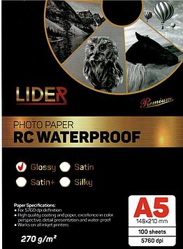 Фотобумага LIDER, односторонняя суперглянцевая, профессиональная, A5, 270 гр., 100 листов