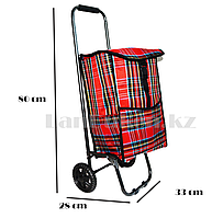 Складная сумка тележка клетчатая, красная  металлическая на 2 колесах