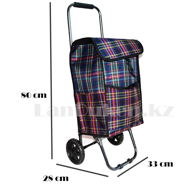 Складная сумка тележка клетчатая, синяя  металлическая на 2 колесах, фото 1