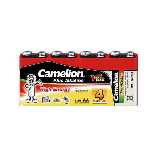 CAMELION 6LR61-SP4 Батарейка Plus Alkaline, 6F22(крона), 9V, 680 mAh, 4 шт., Плёнка