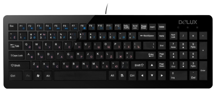 Клавиатура, Delux, DLK-1500UB, Ультратонкая, USB, Кол-во стандартных клавиш 104, 12 мультимедиа-клав