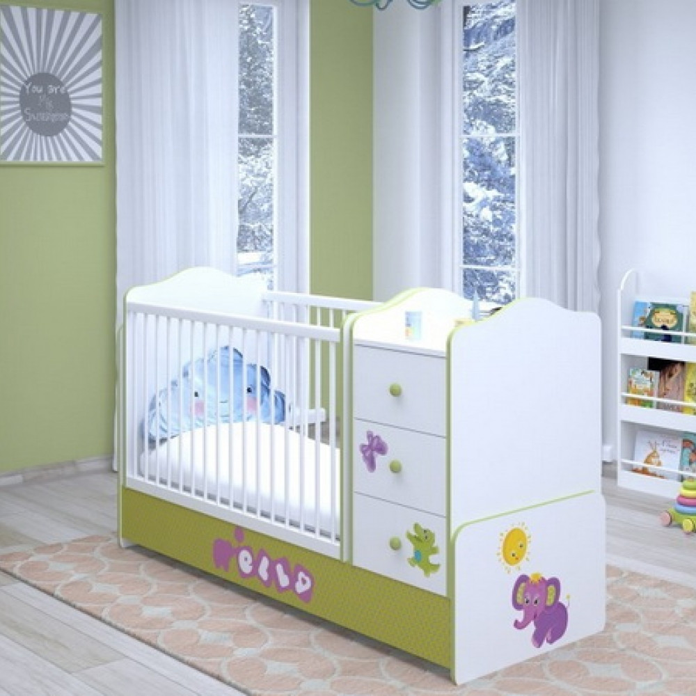 Кроватка детская Polini Basic Elly с комодом, белый-зеленый