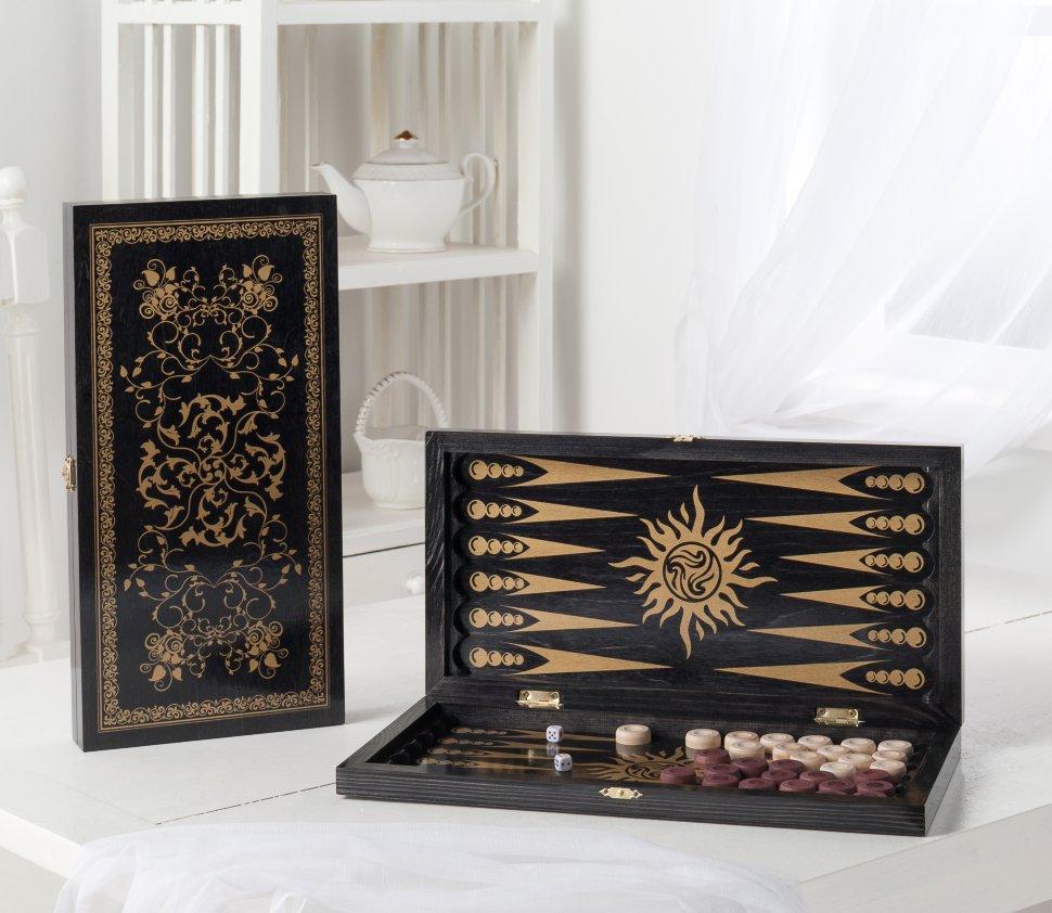 Нарды малые черные, рисунок золото "Вьюн" 028-11