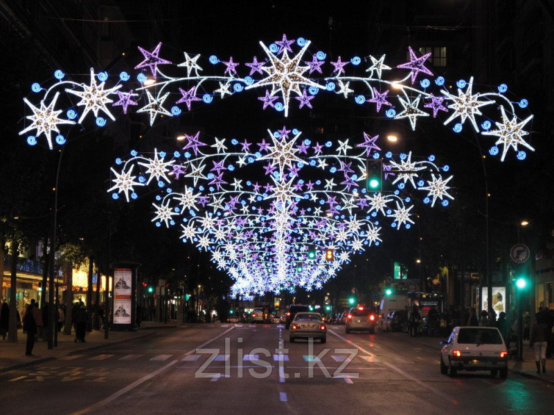 Жаңа жылдық көше құрылымдары, аркалар, стримерлер, мотивтер, снежинкалар, жұлдыздар, консольдер, құрылымдар, фото 1