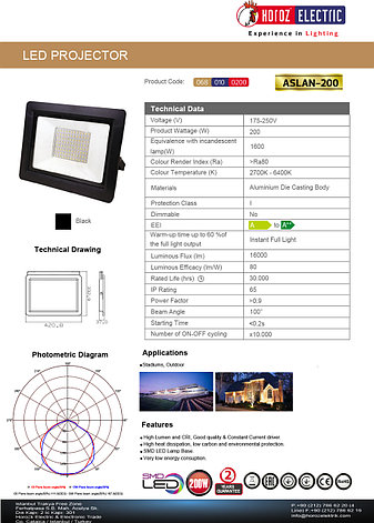 Прожектор герметичный светодиодный ASLAN-200 200W Черный 6400K 175-250V LED PROJ., фото 2