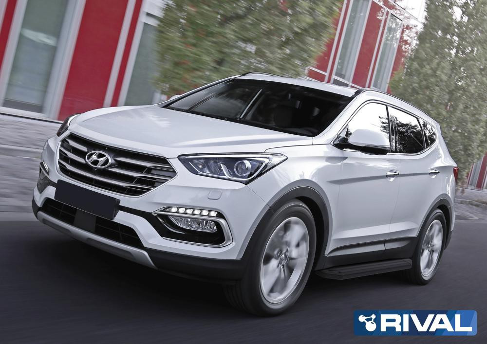 Порог-площадка "Premium-Black", RIVAL для Hyundai Santa Fe 2012-2018