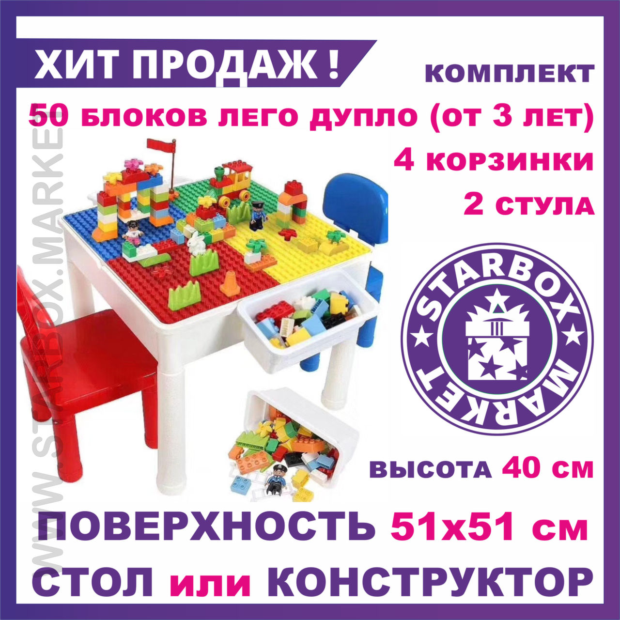 Стол конструктор Lego Duplo с 2 стульями, 3 в 1 детский стол трансформер Лего Дупло (аналог), фото 1