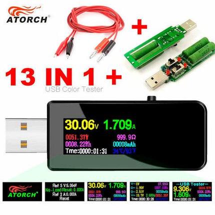 Цифровой USB тестер-вольтамперметр 13-в-1 U96 с OLED дисплеем ATORCH (USB-тестер + 3А нагрузка + 2Х кабель, фото 1