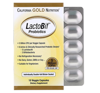 California Gold Nutrition, Пробиотики LactoBif, 5 миллиардов КОЕ, 10 растительных капсуловощных капсул