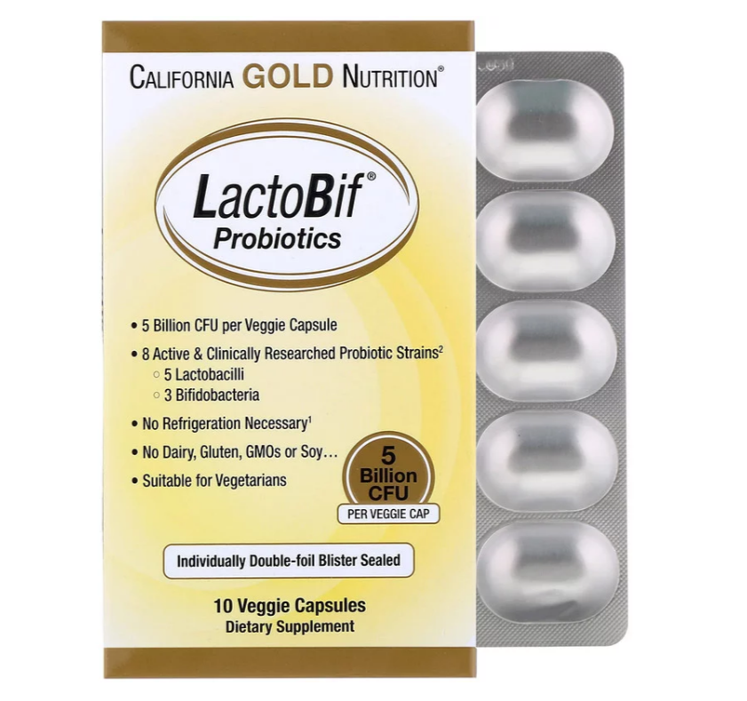 California Gold Nutrition, Пробиотики LactoBif, 5 миллиардов КОЕ, 10 растительных капсуловощных капсул - фото 1 - id-p68124327