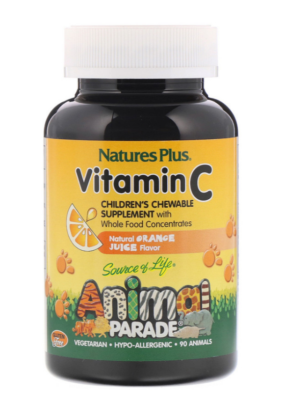 Nature's Plus, Source of Life, Animal Parade, витамин C, жевательная добавка для детей, вкус натурального апел