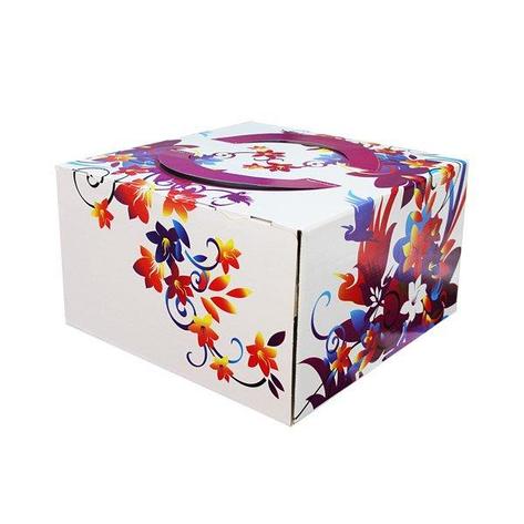 Коробка для торта 4 кг цветная 350х350х200 с рис "Весенняя" с ручками , 25 шт, фото 2