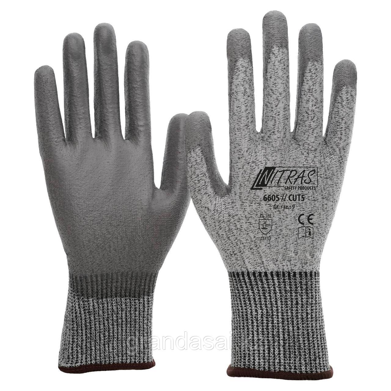 NITRAS 6605 CUT5, перчатки для защиты от порезов, специальная пряжа, серая, с полиуретановым покрытием - фото 1 - id-p68219184