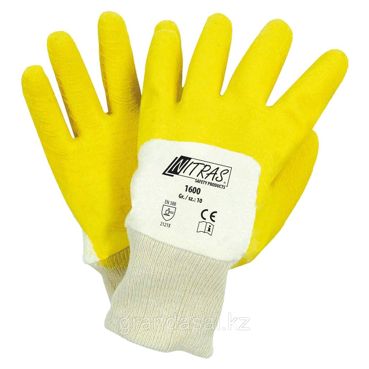 NITRAS 1600, перчатки трикотажные из хлопка натурального цвета, на ¾ облитые жёлтым латексом