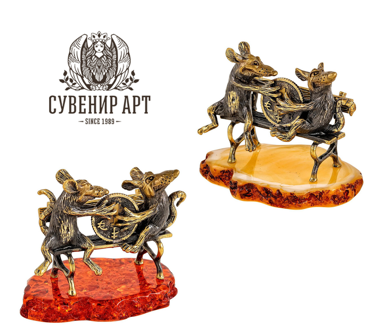 Фигурка Крысы денежные на скамейке. Ручная работа, янтарь