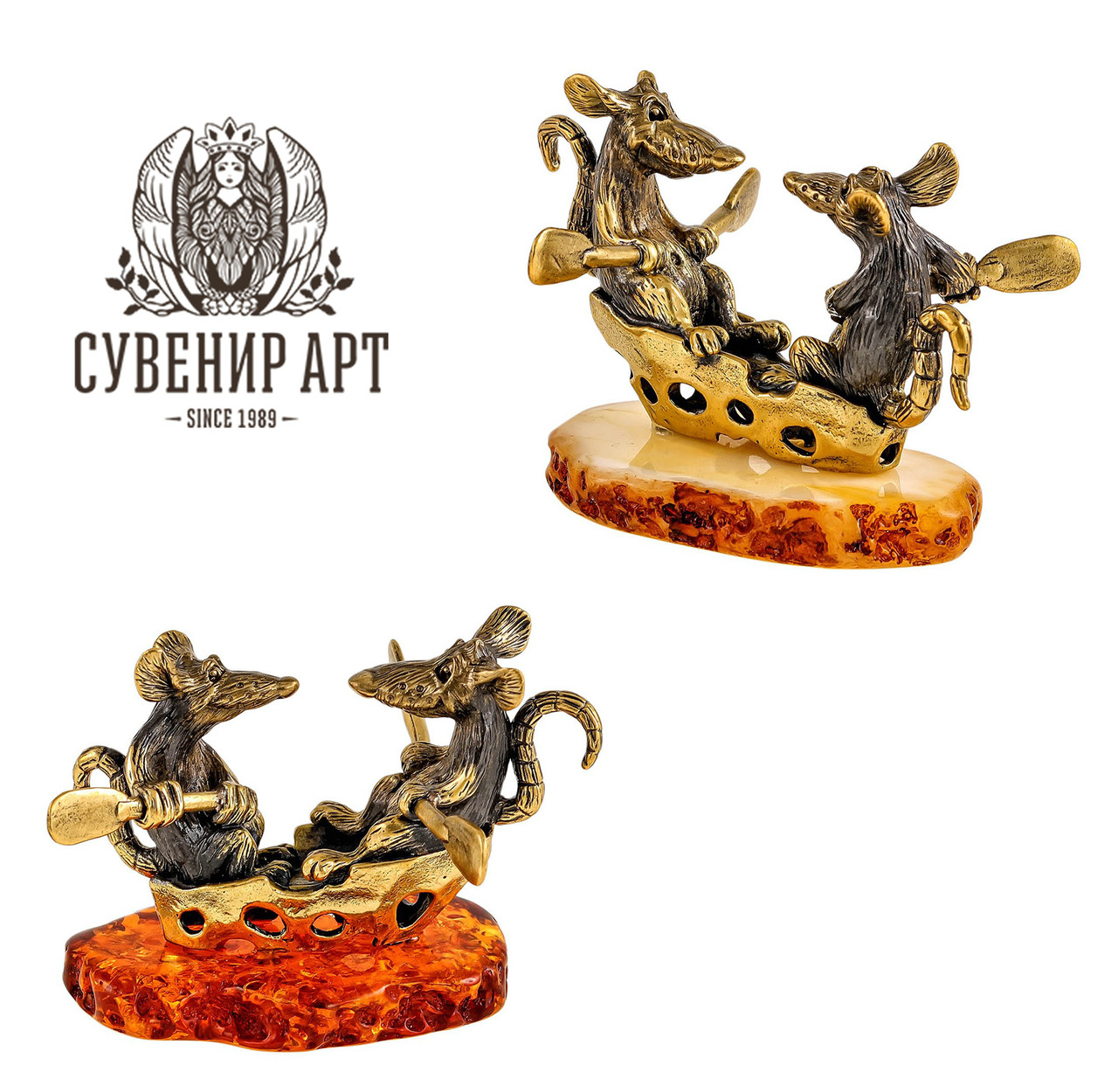 Фигурка Крысы на сырной лодочке. Ручная работа, янтарь